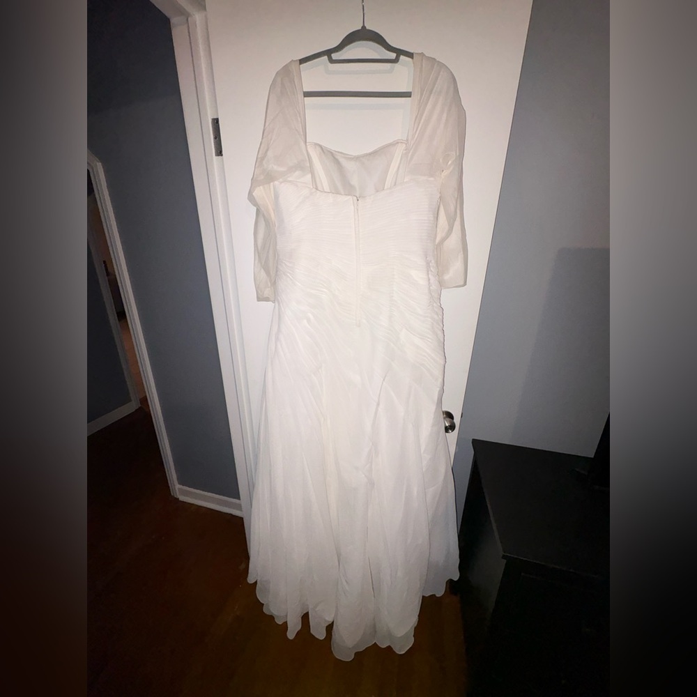 David's Bridal White Long Sleeve Chiffon Wedding Dress with Beaded Belt - Picture 6 of 12